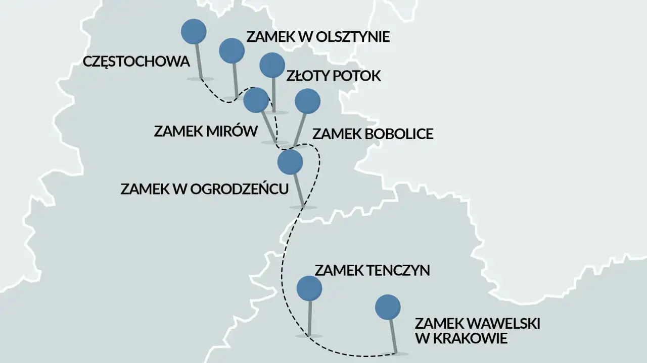 Trasa rowerowa przez Jurę Krakowsko-Częstochowską: od Częstochowy przez zamki Mirów, Bobolice, Ogrodzieniec, Tenczyn aż do Wawelu w Krakowie.