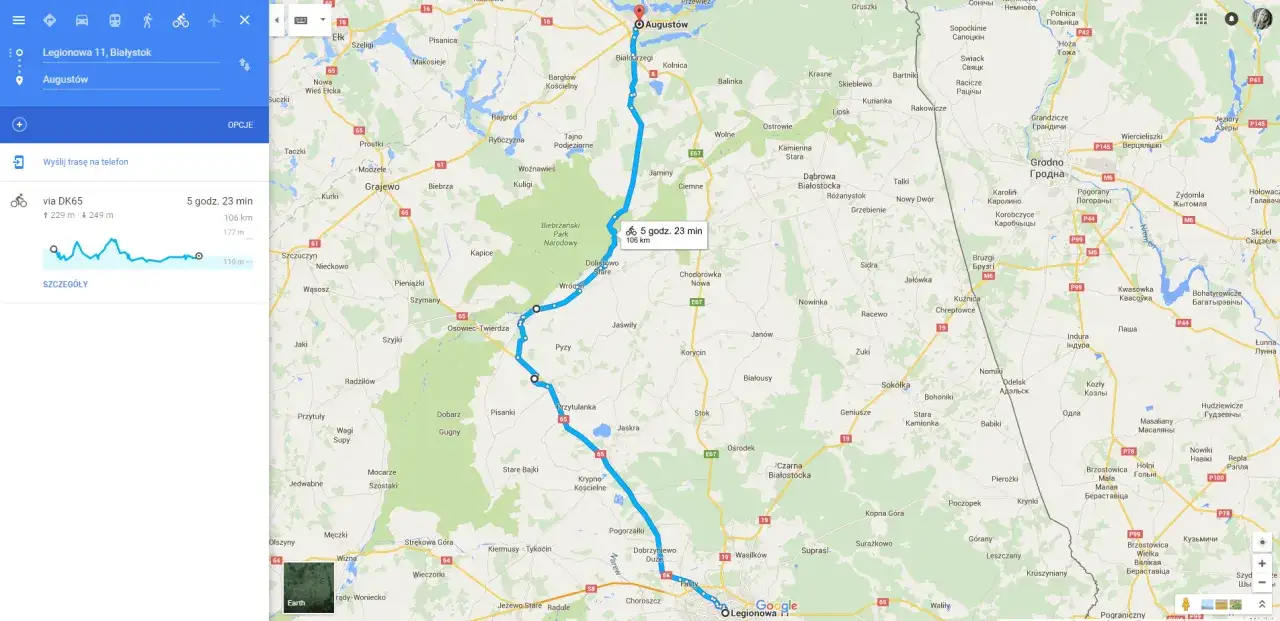 Trasa rowerowa z Legionowa do Augustowa przez Podlasie. Długość 106 km, czas przejazdu 5 godz. 23 min.
