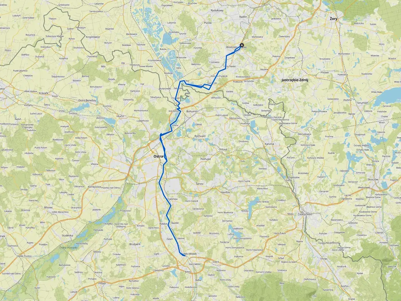 Trasa z Wodzisławia Śląskiego przez Ostrawę i dalej na południe.