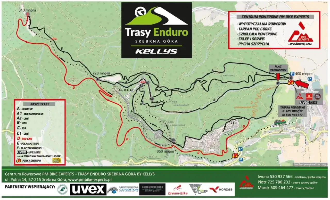 Mapa tras enduro Srebrna Góra by Kellys. Pokazuje ścieżki rowerowe, punkty startowe i centrum rowerowe.