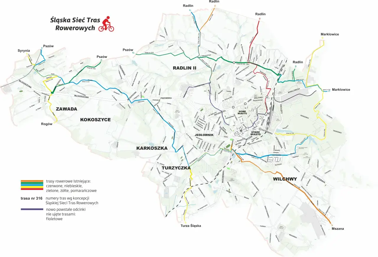 Mapa rowerowa Śląska Sieć Tras Rowerowych. Widoczne miejscowości: Pszów, Radlin, Wodzisław Śląski, Marklowice, Zawada, Kokoszyce, Jedłownik, Turzyczka, Wilchwy, Mszana.
