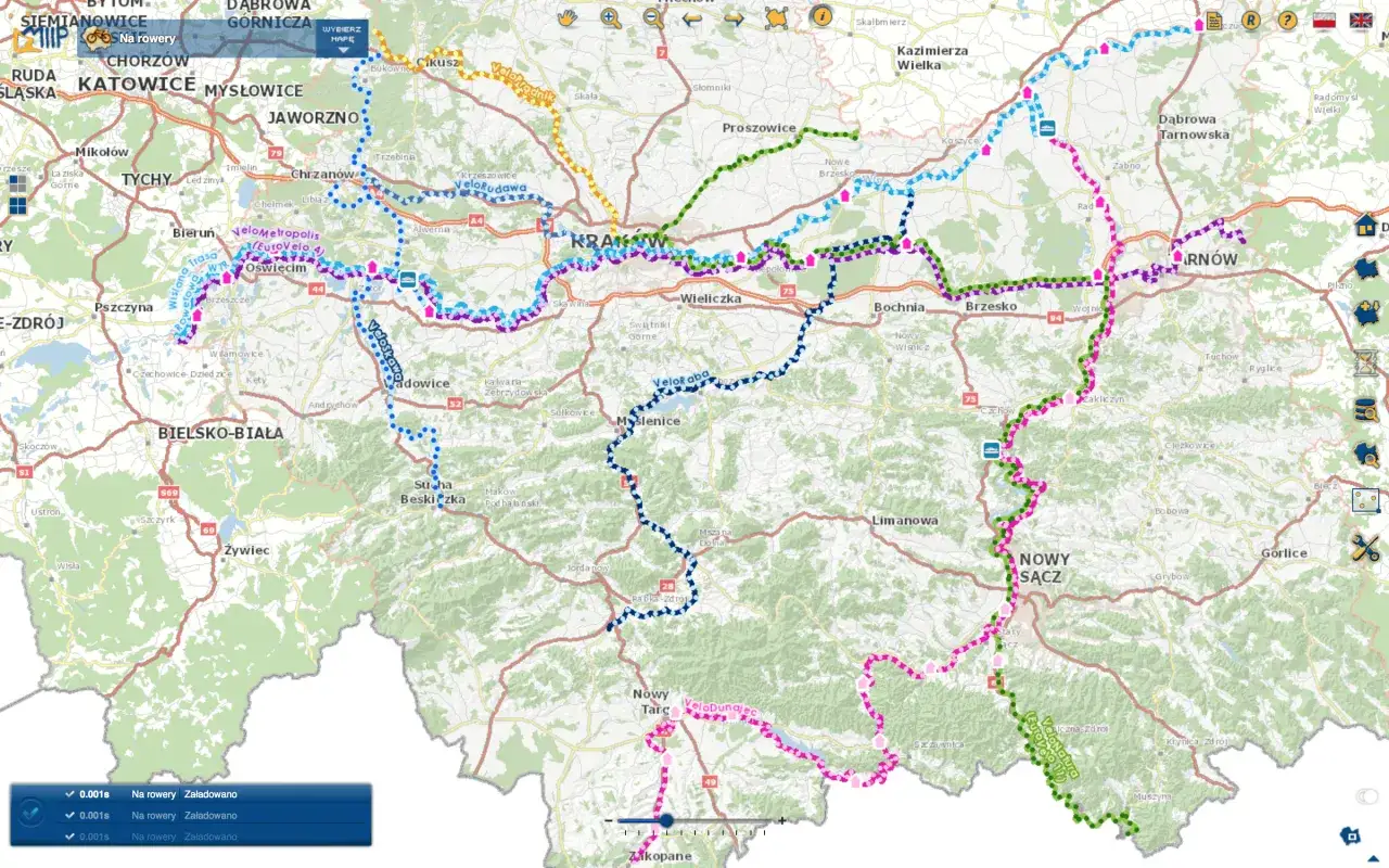 Mapa z zaznaczonymi trasami rowerowymi, w tym Velo Dunajec. Widoczne miasta: Kraków, Nowy Sącz, Bielsko-Biała.