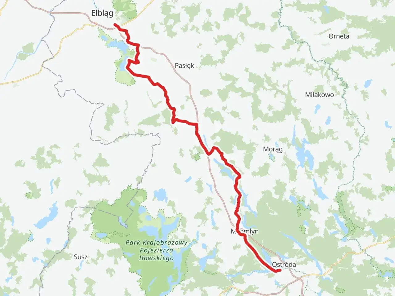 Mapa trasy rowerowej Green Velo na Podlasiu, wiodącej przez malownicze jeziora i lasy, od Elbląga po Ostródę.