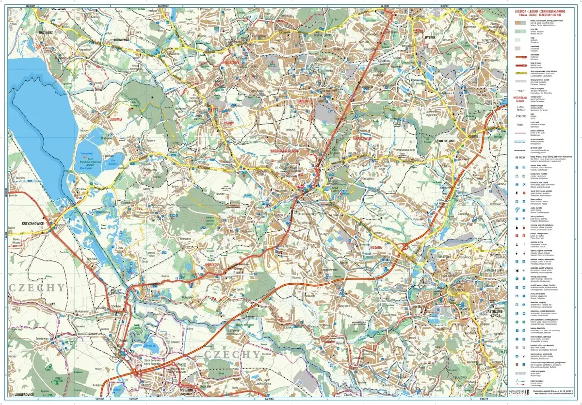 Mapa drogowa Wodzisławia Śląskiego i okolic, z zaznaczoną trasą przez miasto i okoliczne miejscowości.