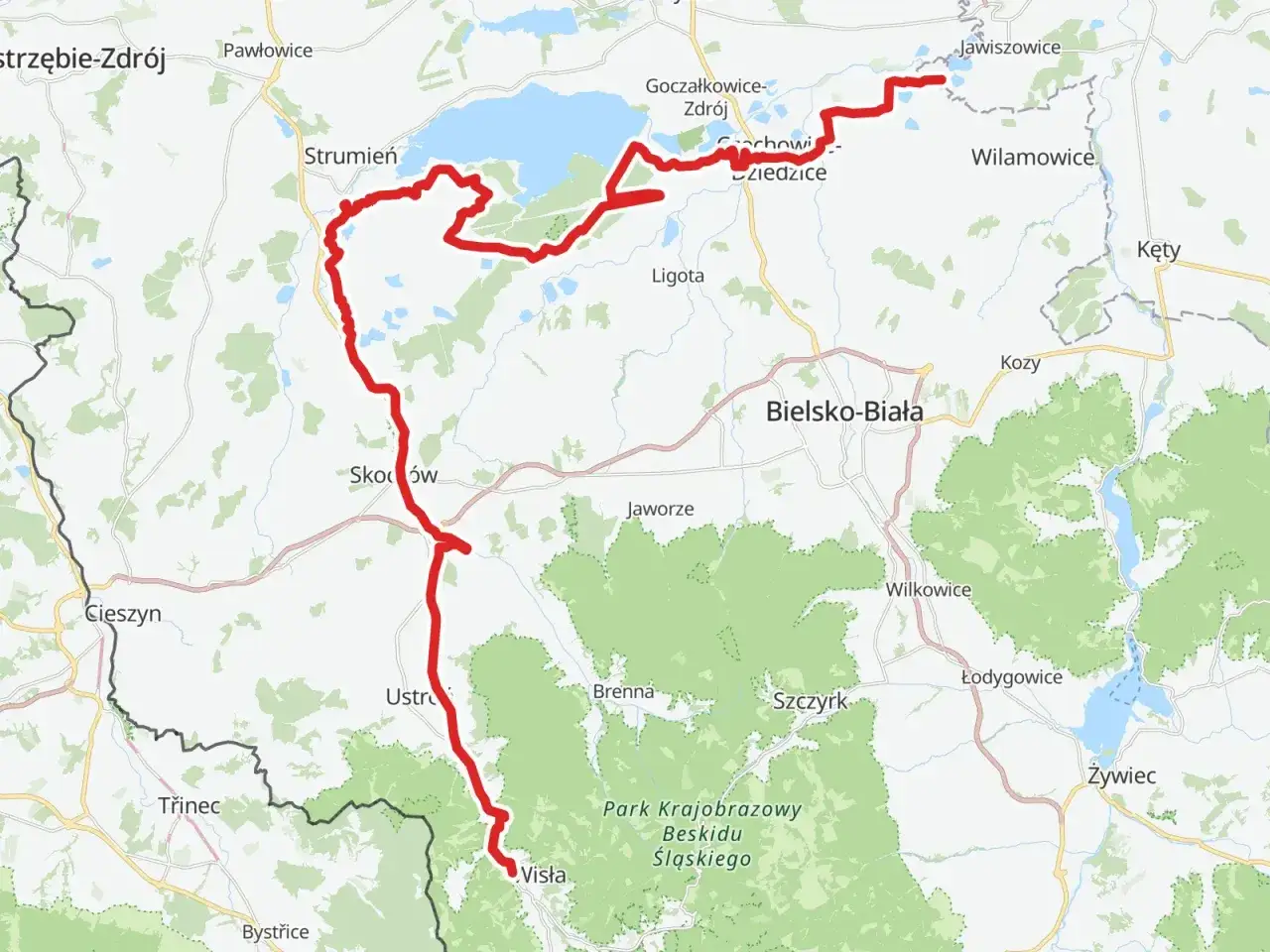 Mapa z zaznaczoną trasą rowerową wokół Jeziora Goczałkowickiego i przez Beskid Śląski. To fragment żelazny szlak rowerowy godów.
