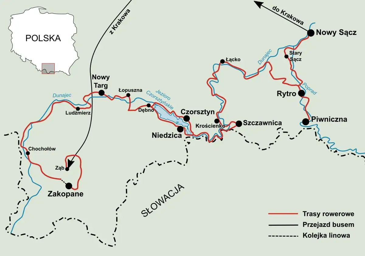 Mapa tras rowerowych wzdłuż Dunajca i Popradu. Velo Dunajec trasa prowadzi przez malownicze tereny od Nowego Targu do Starego Sącza.