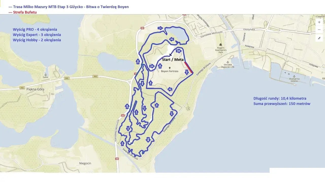 Mapa tras rowerowych Mazury. Trasa MTB wokół Twierdzy Boyen w Giżycku, start/meta przy twierdzy.
