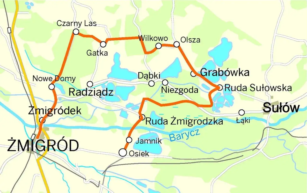 Mapa tras rowerowych wokół Stawów Milickich. Pomarańczowa linia łączy miejscowości: Czarny Las, Gatka, Wilkowo, Olsza, Grabówka, Ruda Sułowska, Sułów, Łąki, Ruda Żmigrodzka, Jamnik, Osiek, Radziądz, Dąbki, Niegoda, Nowe Domy, Żmigródek i Żmigród.
