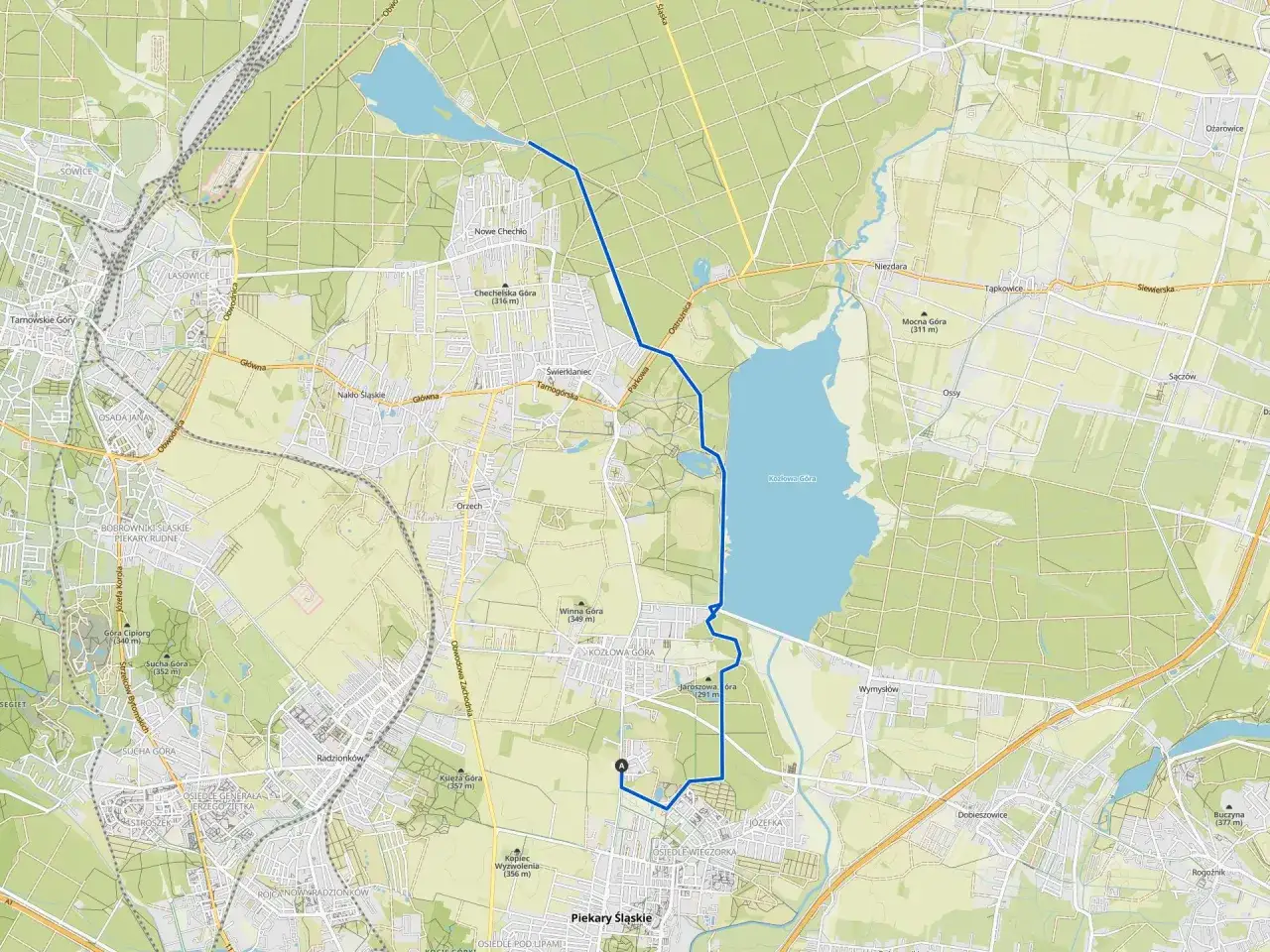 Mapa przedstawia trasę w okolicach Siemianowic Śląskich, prowadzącą przez tereny zielone i zbiorniki wodne.