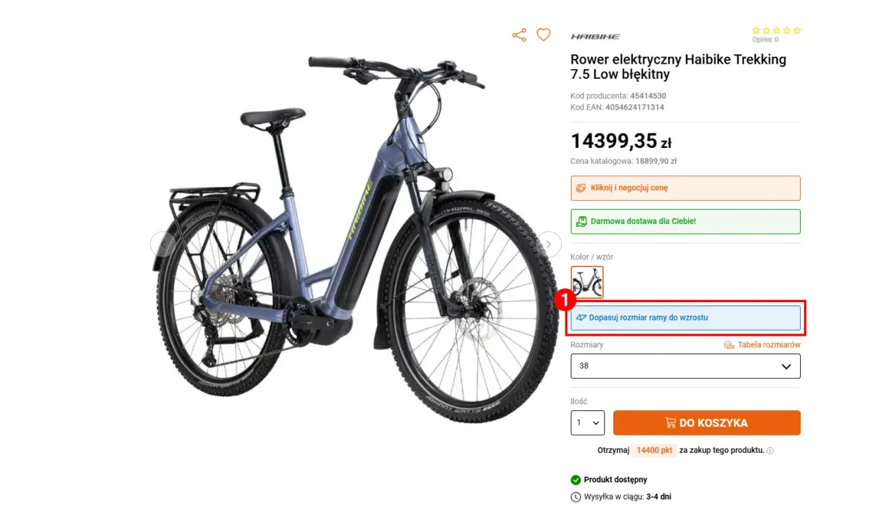 Niebieski rower elektryczny Haibike. Kliknij, by dopasuj rozmiar ramy do wzrostu i wybrać odpowiedni model.