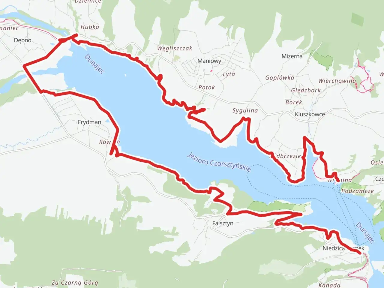 Mapa z zaznaczoną czerwoną linią trasą rowerową wokół Jeziora Czorsztyńskiego i Dunajca.