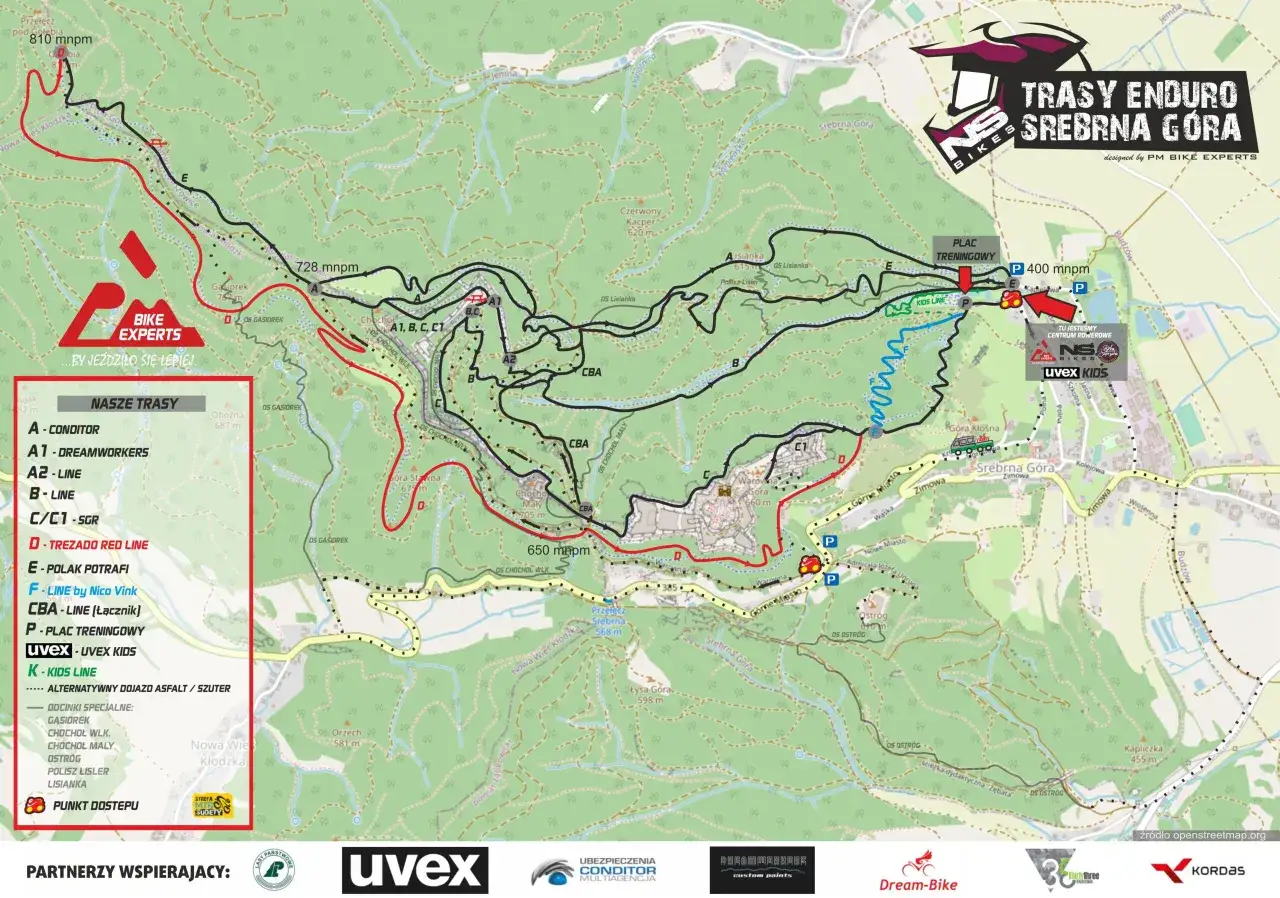 Mapa tras enduro Srebrna Góra by Kellys. Zaznaczone linie tras, punkty dostępu i plac treningowy.