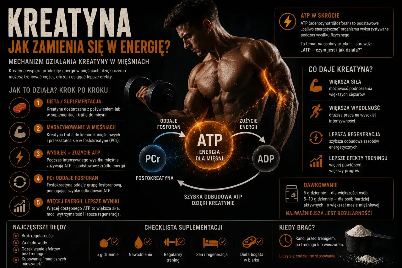 Kreatyna zamienia się w energię dla mięśni. Zwiększa siłę, wydolność i regenerację. Stosuj regularnie, rano lub po treningu.