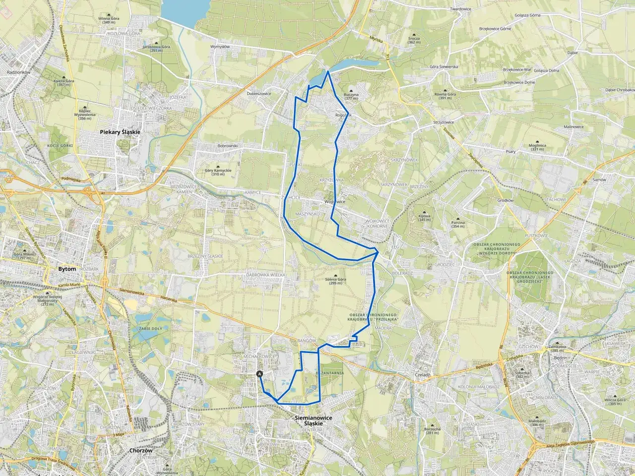 Mapa z zaznaczoną trasą rowerową w okolicach Siemianowic Śląskich.