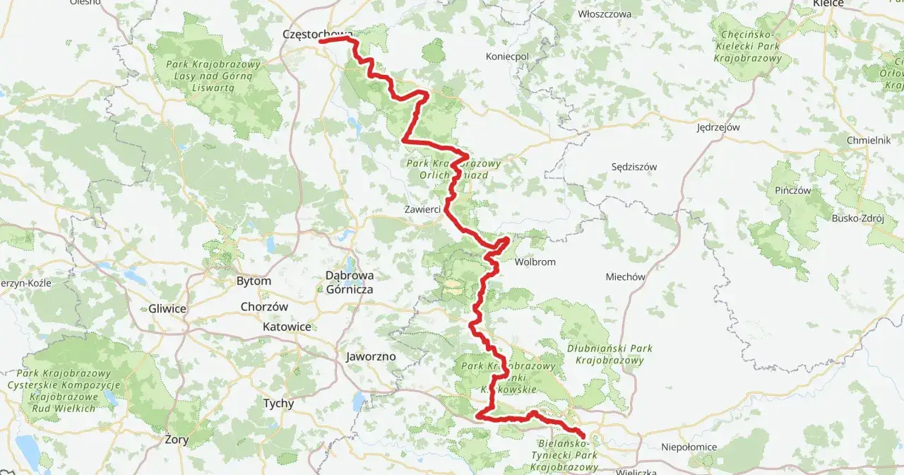Mapa z zaznaczonym czerwonym szlakiem rowerowym przez Jurę Krakowsko-Częstochowską, w tym przez Park Krajobrazowy Orlich Gniazd.