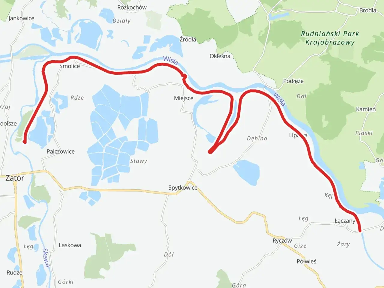 Mapa z zaznaczonym czerwonym szlakiem rowerowym wzdłuż Wisły, prowadzącym przez Smolicę, Dębinę, Lipową do Łączan. Idealny szlak orlich gniazd rowerem.