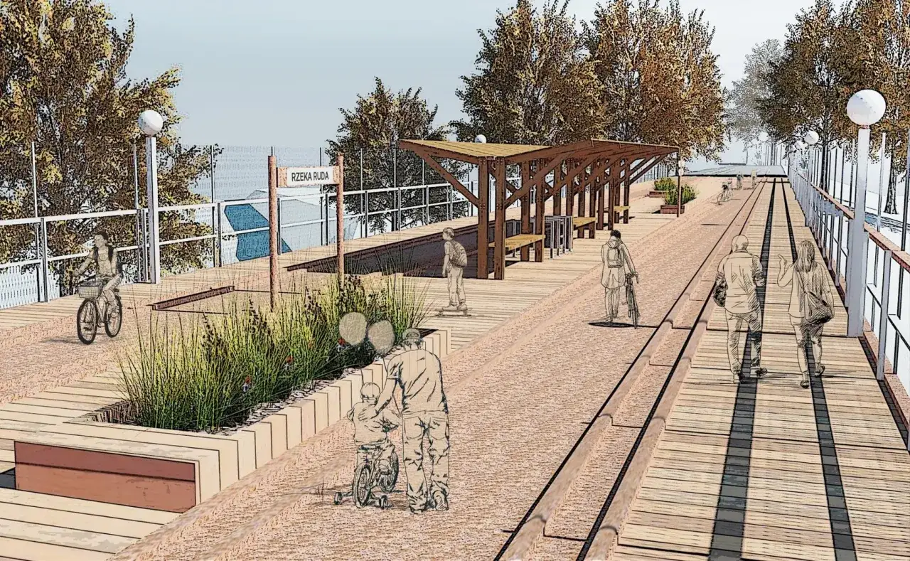 Nowe trasy rowerowe Rybnik nad rzeką Rudą. Ludzie spacerują, jeżdżą na rowerach i rolkach.