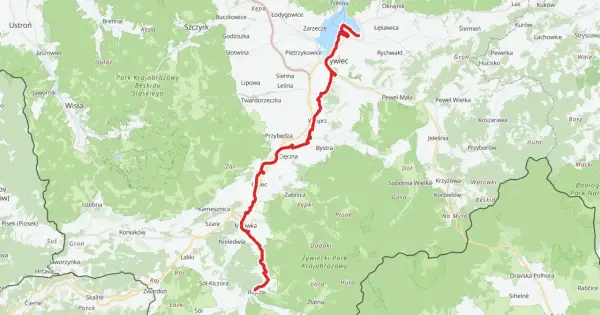 Mapa z zaznaczoną trasą rowerową Velo Soła, biegnącą przez malownicze tereny Beskidu Śląskiego, od Jeziora Żywieckiego po Rajczę.
