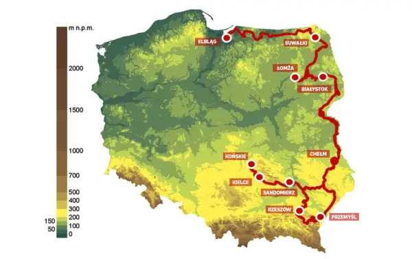 Mapa Polski z zaznaczoną trasą rowerową zieloną, biegnącą od Elbląga przez Suwałki, Białystok, Łomżę, Chełm, Sandomierz, Rzeszów, Przemyśl, Kielce i Końskie.